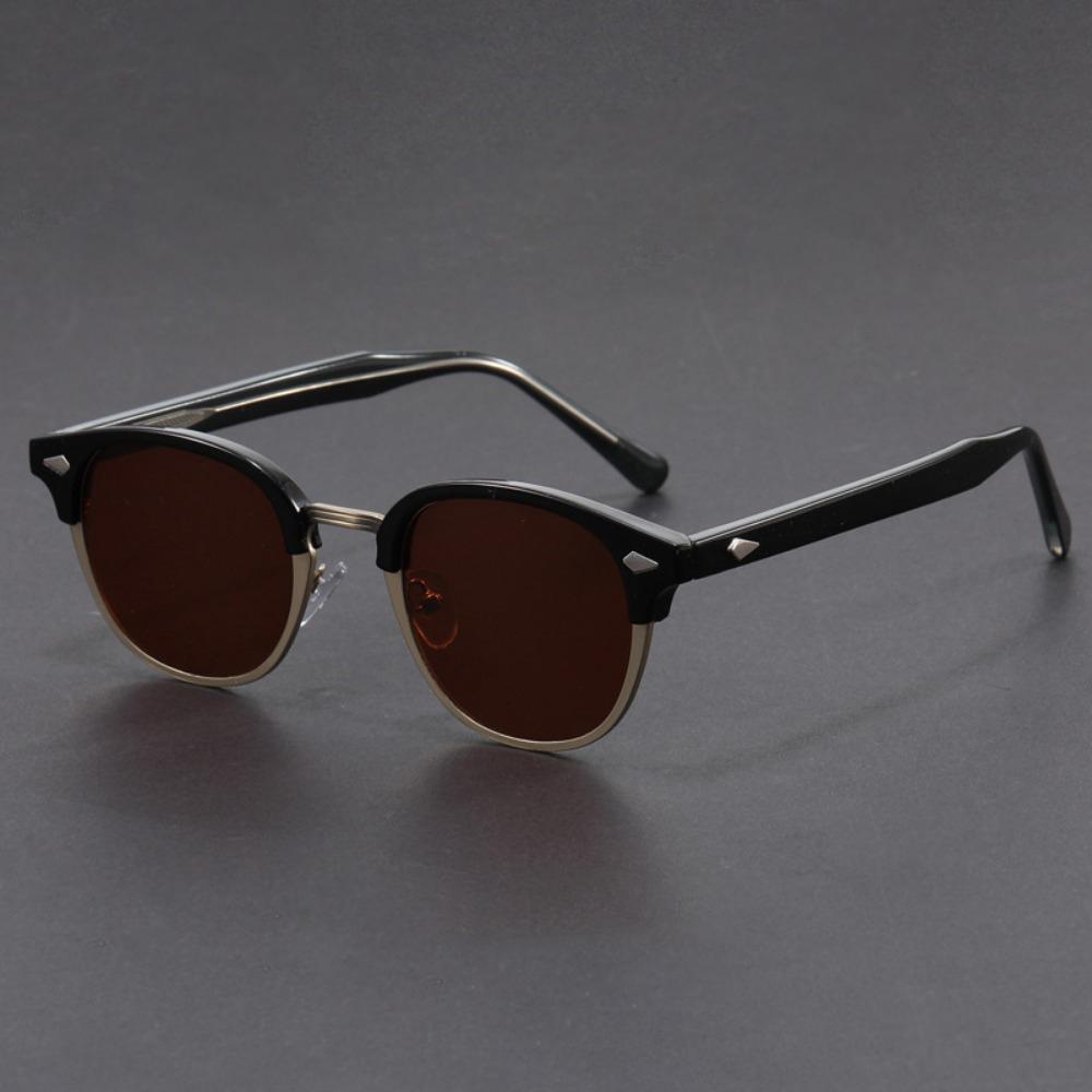 Lunettes de soleil classiques à monture demi-cerclée pour hommes femmes Rétro Rivet Petites lunettes Noir Anti-reflets Lunettes de voyage