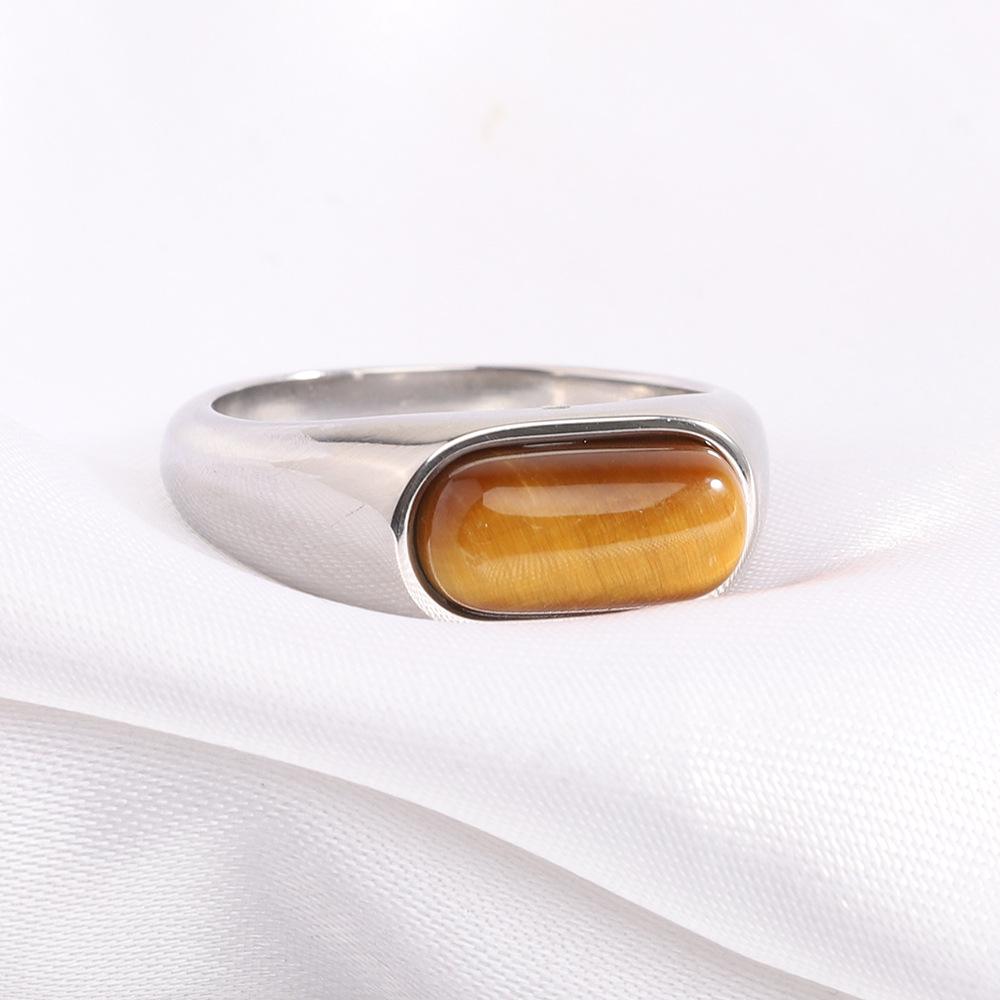 European and American 8MM Stainless Steel Ring with Inlaid Natural Stone - Versatile Retro Fashion Finger Ring