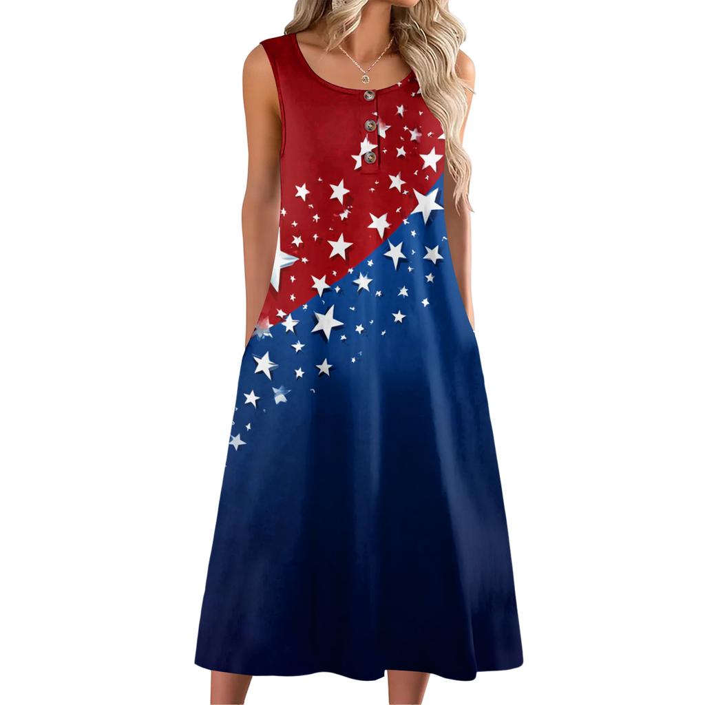 Sleeveless Butterfly Print A-Line 4th of july dress Independence day dress Button Front Casual Summer Midi Dress for Women