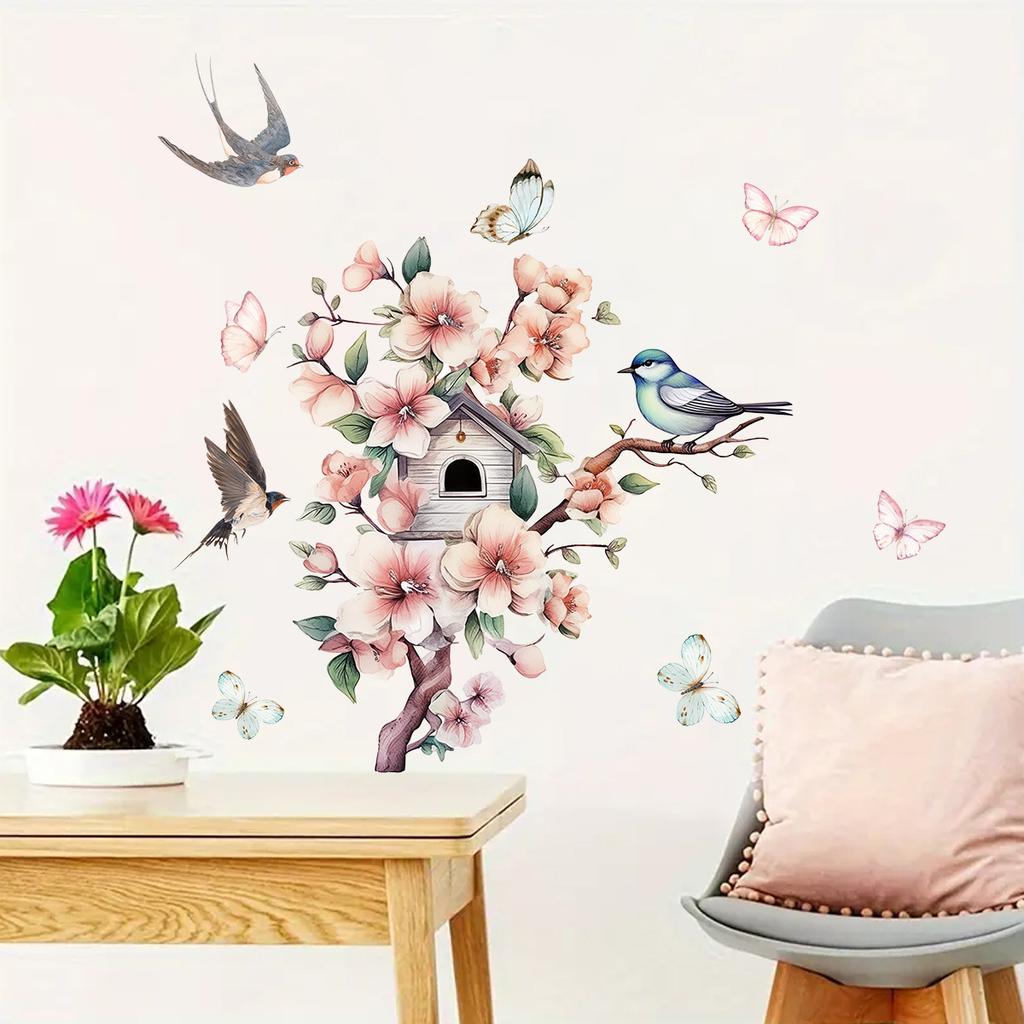 Cartoon Peach Blossom Branch Bird Swallow Wall Stickers, Self-Adhesive Decor for Living Room Room Background Wall Decoration