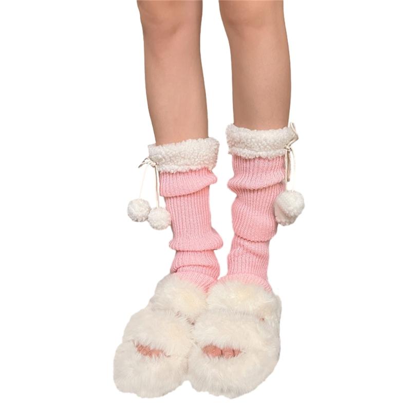 Lolitas Leg Warmers for Women Girls White Ball Knitted Leg Sleeves Winter Warm Ankle Heap Socks JK Uniform Foot Cover