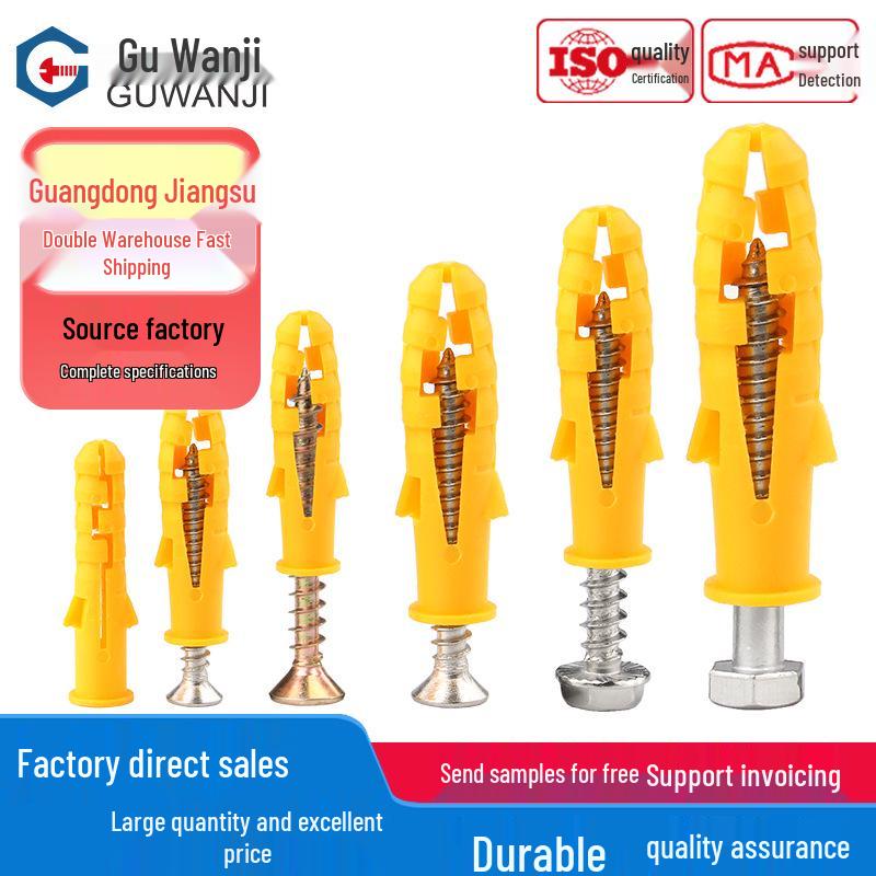 Yellow Fish Plastic Expansion Tube/Screw Set (6/8/10) - Includes Anchors, Self-tapping Screws, and Rubber Plugs.