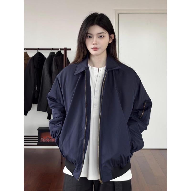 

American Bomber Flight Jacket Men s Spring Tide Brand High-end Jacket Lapel Short Shoulder Padded Tooling Baseball Jersey XXXL темно-синього кольору