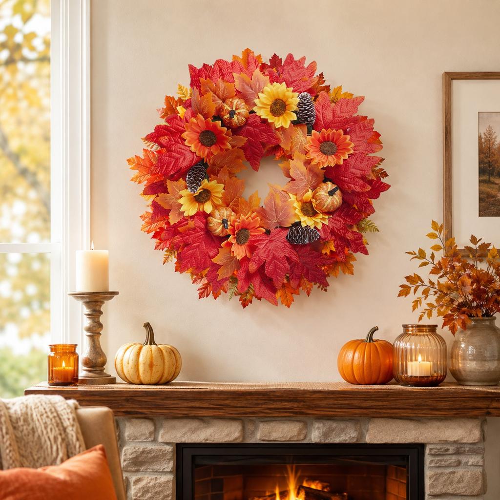 Artificial Maple Leaf Wreath with Pumpkin for Halloween Fall Home Decor