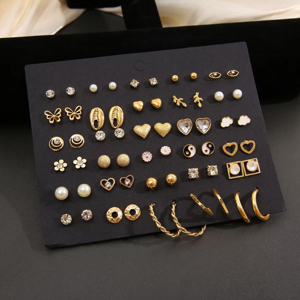 40 Pcs Gold Color Earring Set for Women Vintage Butterfly Heart Pearl Crystal Stud Earrings Korean 2025 New Simple Jewelry Gifts