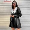 Peter Pan Collar Patchwork PU Leather Black Dress Women Elegant Pleated Elastic Waist Short Dresses Autumn Winter New Punk
