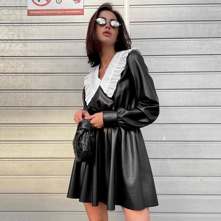Peter Pan Collar Patchwork PU Leather Black Dress Women Elegant Pleated Elastic Waist Short Dresses Autumn Winter New Punk