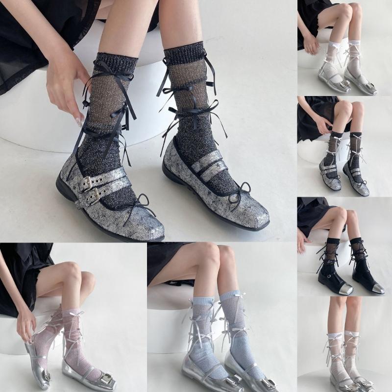 Japanischer Stil Schimmerndes Netz Spleißende Gerippte Über die Wade Socken für Damen Mädchen Niedliche Schleife Schleifenknoten Lange Strümpfe