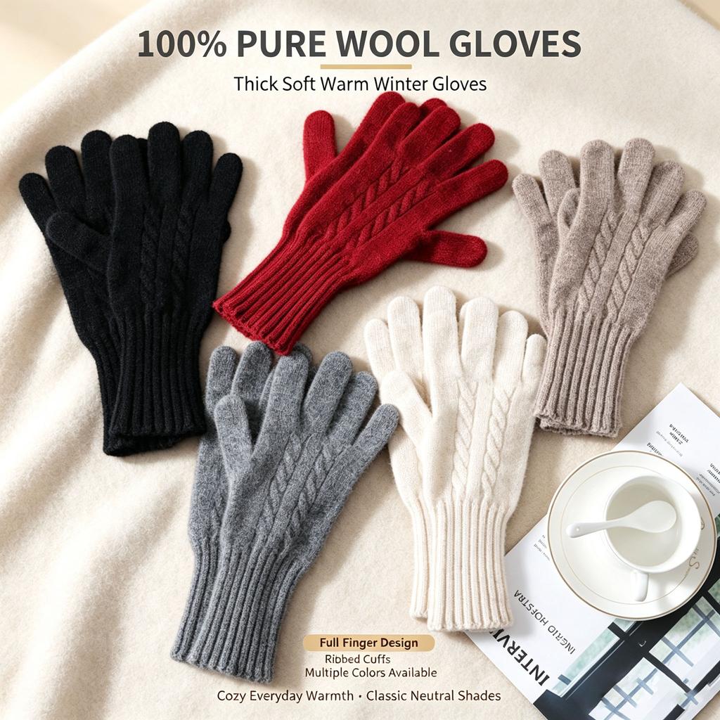 100% Wool Women Touchscreen Wool Gloves with Wrist Warmers Knitted Cable Warm Soft Winter Gloves