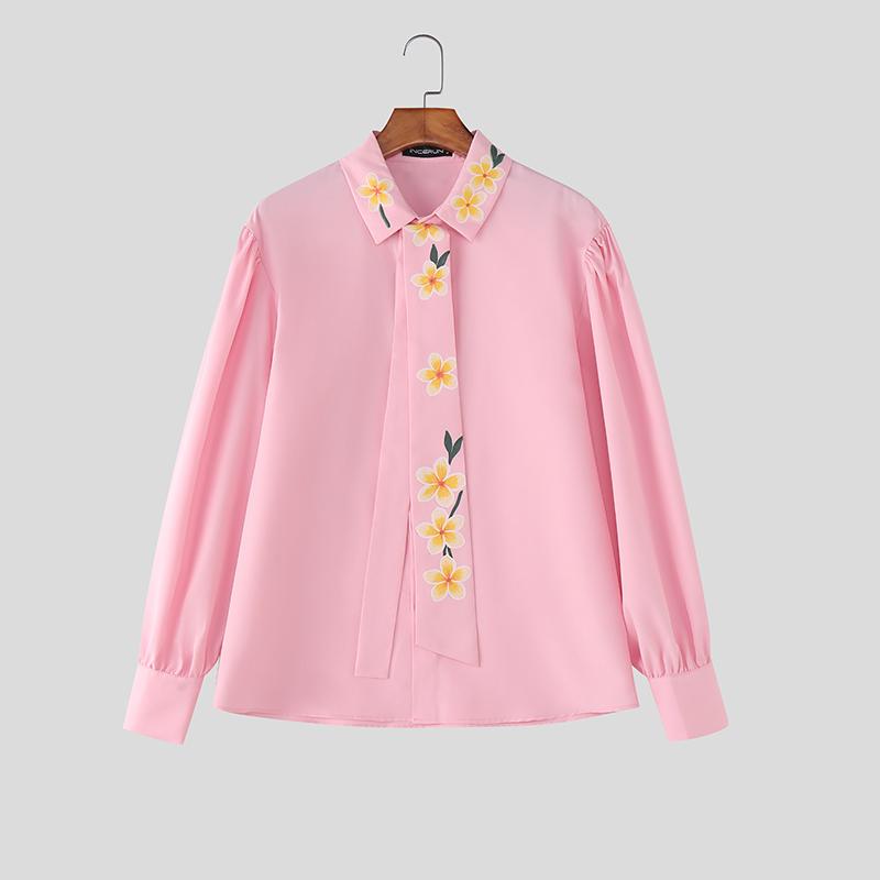 INCERUN Men Lapel Neck Long Sleeve Tie Up Buttons Up Floral Print Casual Shirts