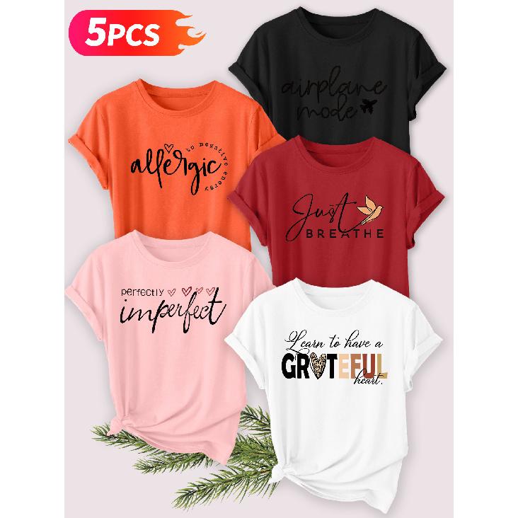 Five-piece set Elegant short-sleeved shirt for women Healing English short-sleeve women's t-shirt with heart leopard print letter combination, round