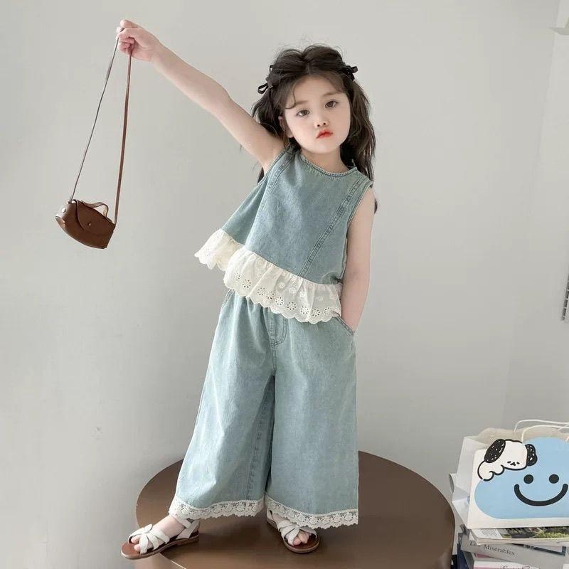 Girls Summer Denim 2 Piece Set Sleeveless Top With Stylish Wide Leg Pants Thin Baby Outfit