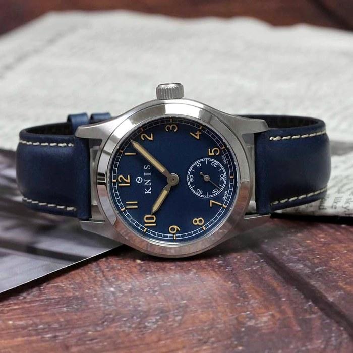 KNIS Retro Military Watch Men's Sapphire Glass 10 ATM Water Resistant Blue Dial Navy Leather KN003-BLNVLE