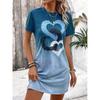 Summer New Heart Love Pattern Printed Women Short Sleeved T-shirt Dress Color Block Loose Casual Sports Fashion Dress