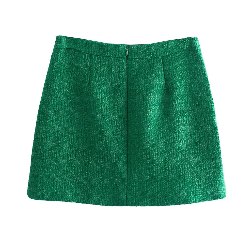 Dámské zelené tvídové sukně Faldas Mujer Zip O Krk Jednobarevné Jednobarevné Dámské Mini Sukňové Sety