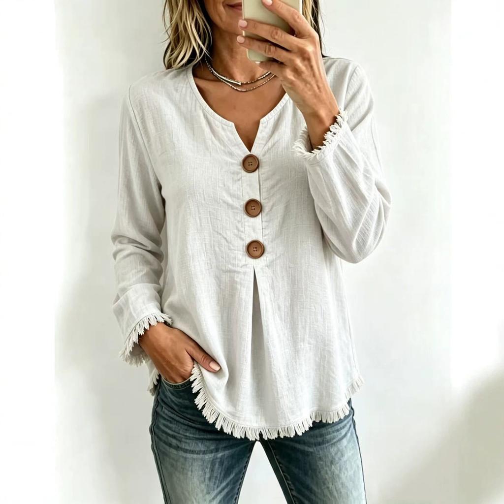 Damen Freizeit Farbe V-Ausschnitt Knopf Langarm Locker Geschnitten Quaste Bluse