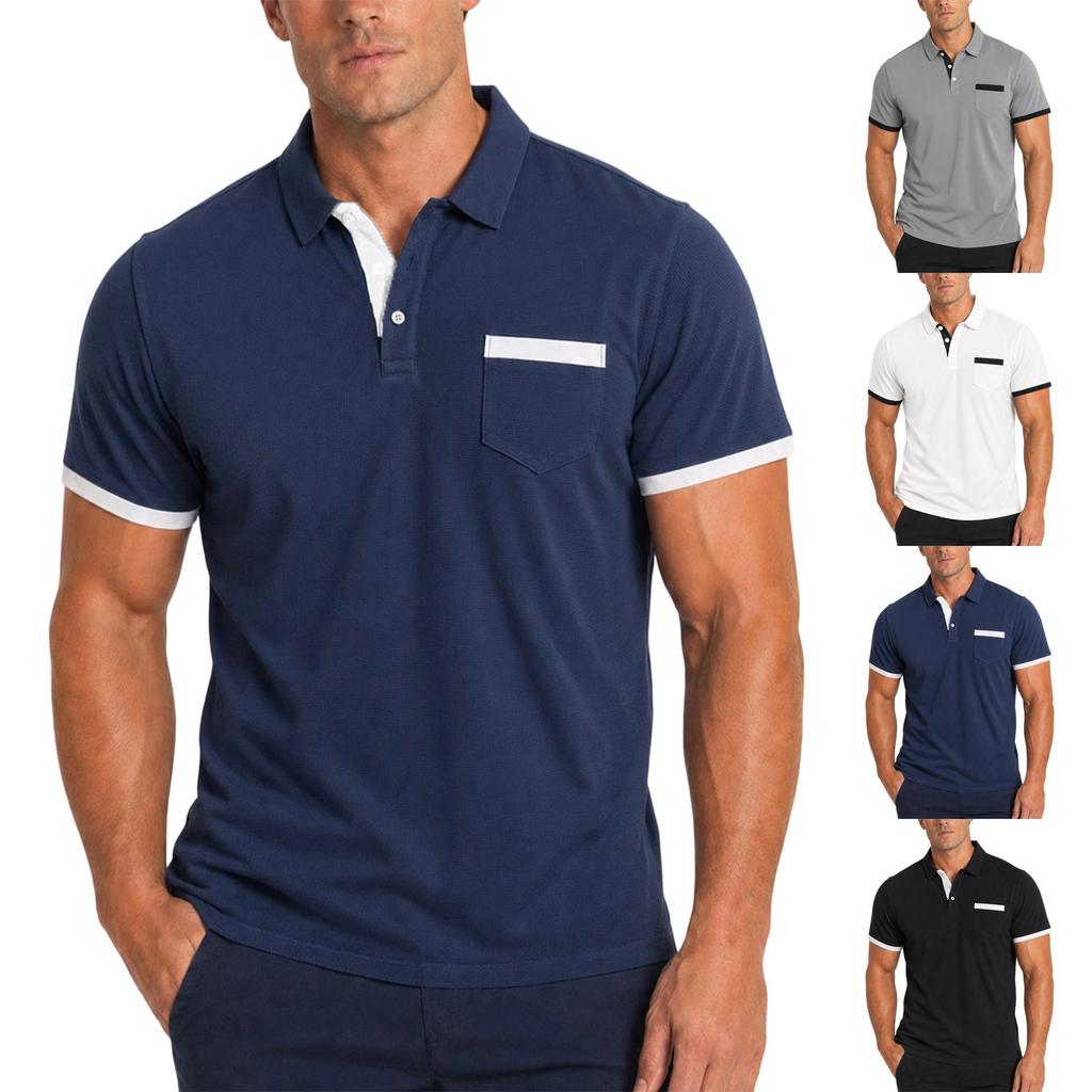 Men's Short Sleeve Polo Shirt Breathable Ice Silk Material Classic Collar Front Pocket Casual Fit Top