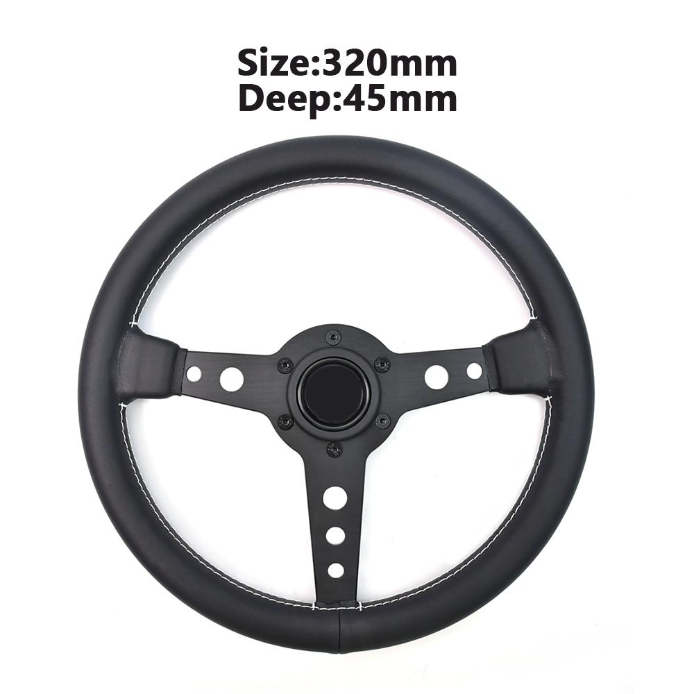370mm Sports Classic Steering Wheel 6 Holes Black Spoke Flat White Stitching Racing Steering Wheel with 5mm Thick Bracket 320mm