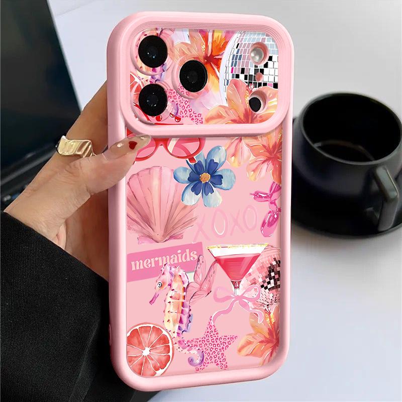 Shockproof Phone Case For iPhone 17 Pro Max Pink Cartoon Floral Pattern Silicone Cover For iPhone 16 Pro Max Cover iPhone 15 14 13 12 11 16E Air