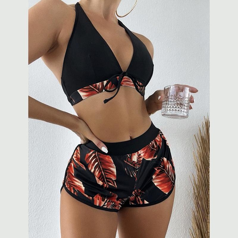Womens Halter Neck Padded Bra Bikini Set Boy Shorts Swimsuit Beachwear Swimwear