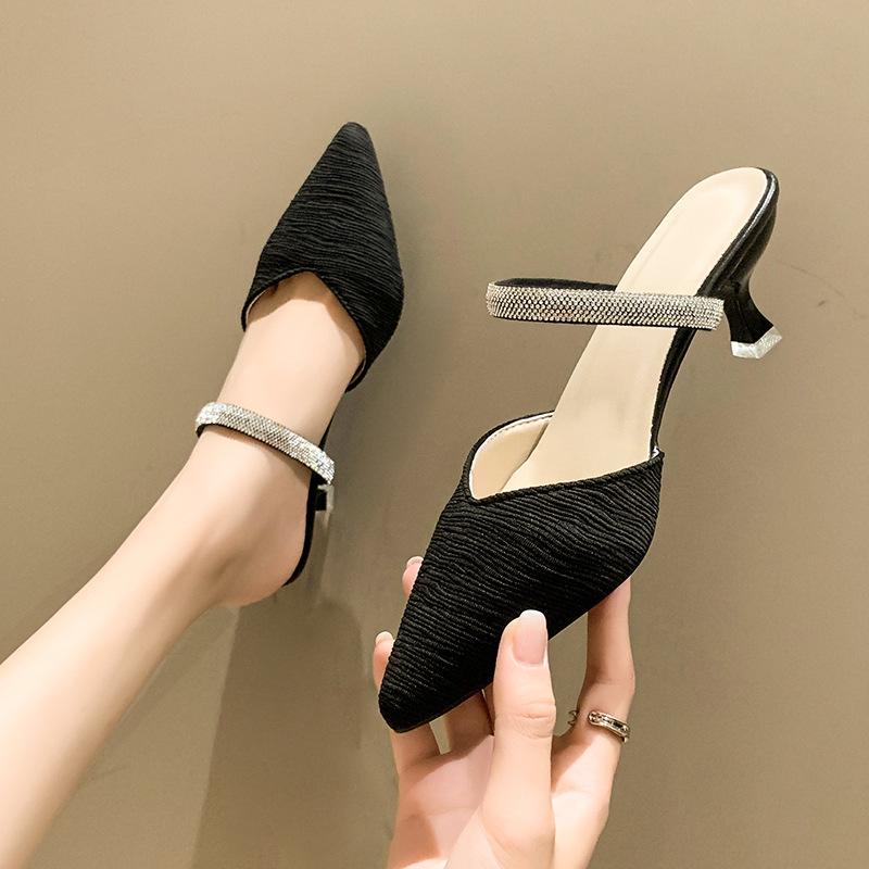 Rhinestone bag head sandals women's summer French V-mouth sandals pointed head thin heel large size half drag small size one-word strap high heels