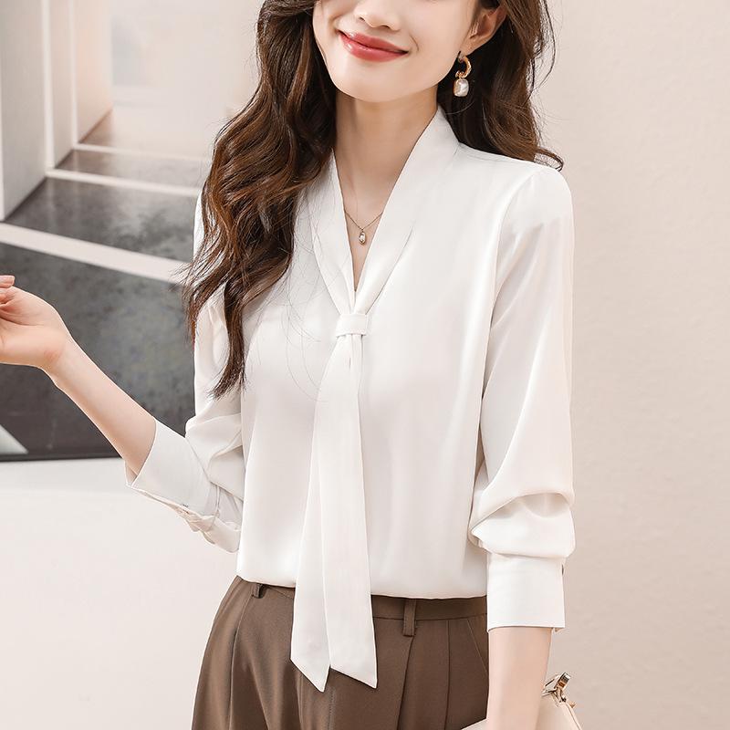 2025 Spring/Autumn Sweet Loose Long Sleeve Mulberry Silk Shirt with Bow Tie