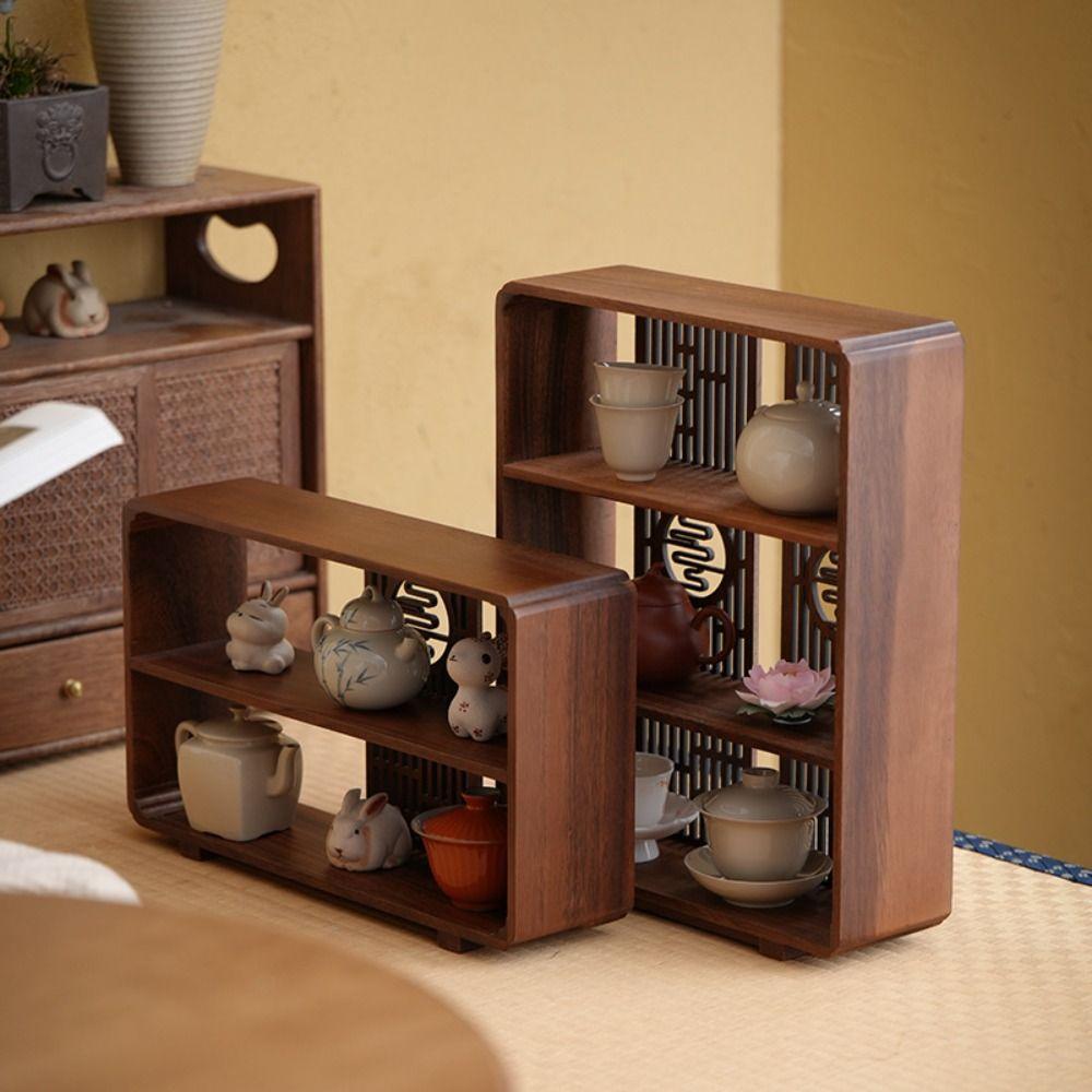 Window Lattice Chinese Walnut Display Shelf Walnut Wood Tea Organizer Living Room