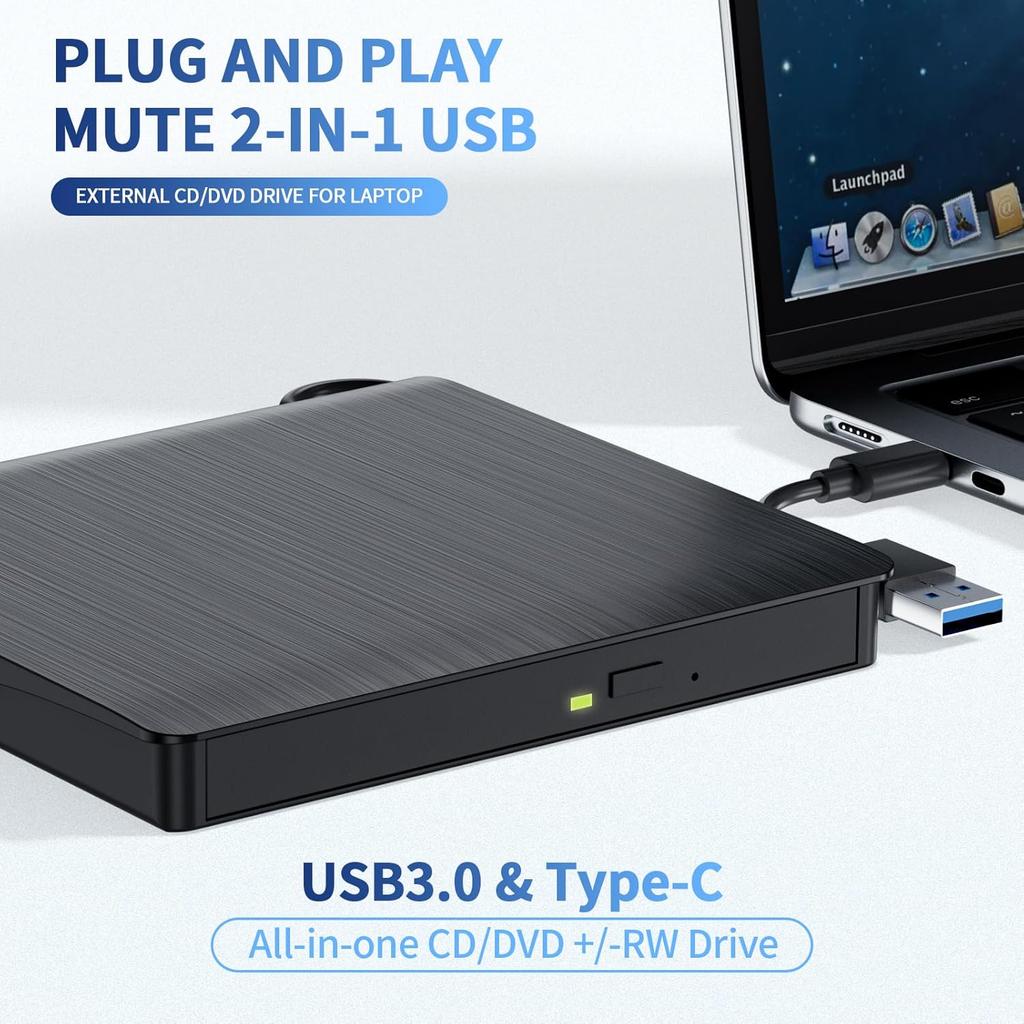 External DVD CD Drive for Laptop PC USB 3.0 Type-C CD Burner Portable CD +/-RW Drive DVD Player for ROM Rewriter Burner Recorder