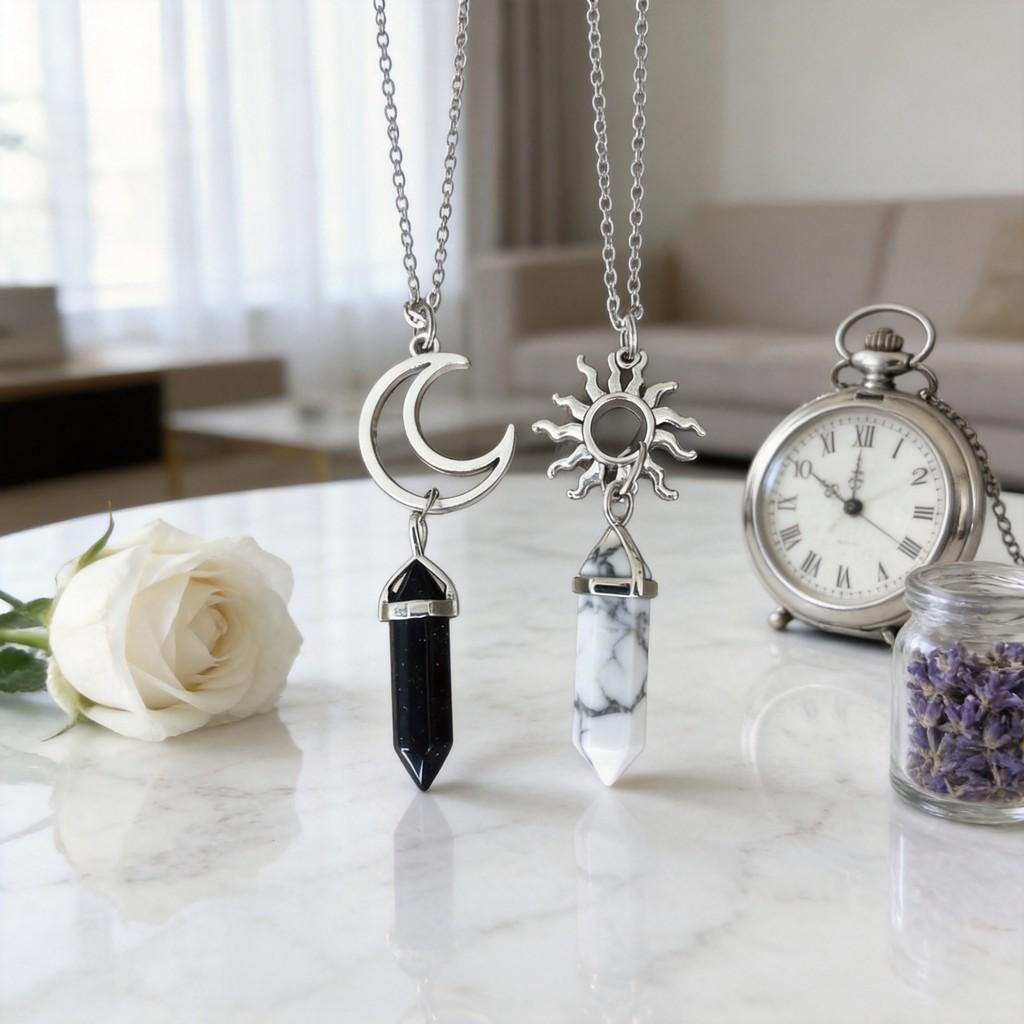 Moon And Sun Crystal Pendant Necklace With Alloy Chain For Fashionable Women And Men