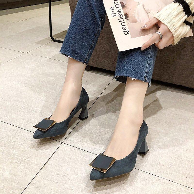 Pointed Suede Fashion Single Shoes Women's Autumn New Square Buckle Versatile High Heels Thick Heel