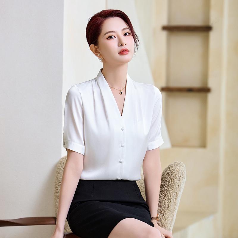 Women's Blue Chiffon V-Neck Shirt - Summer Short-Sleeve Professional Top