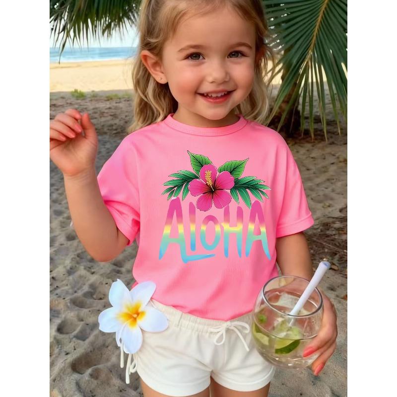 European Sizes This New Stylish Round Neck Short-sleeved T-shirt for Girls Features a Cartoon Hibiscus 'Aloha' Letter Print.