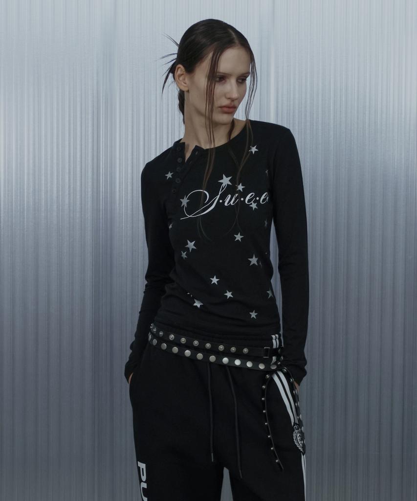 SETUP-EXE Star Henley Neck Top / Black