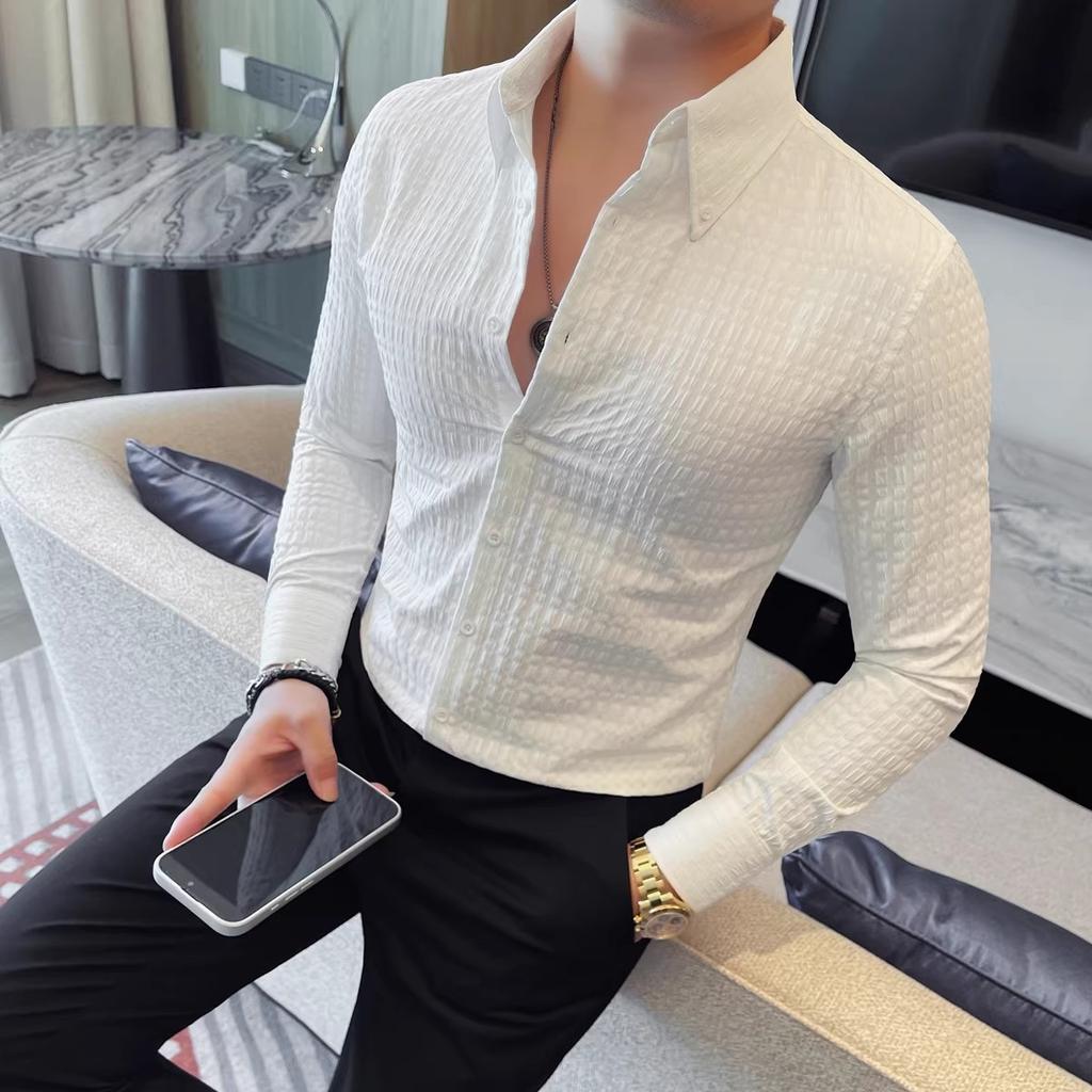 High Quality Long Sleeve Shirt Men Autumn Winter Slim Fit Business Casual Waffle Shirts