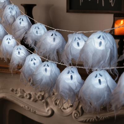 LED Ghost String Light Handmade Light-up Halloween Cloth Ghost Garland for Party Haunted House Fireplace Porch Decor