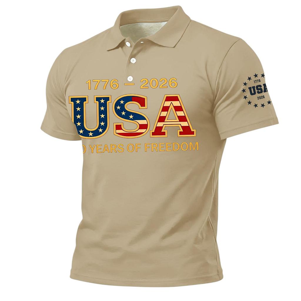 Men’s Short Sleeve Polo Shirt with USA 250 Years of Freedom Letter Print Classic Fit Soft Fabric Casual Top