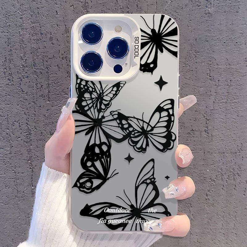 Black butterfly is suitable for Apple 16promax mobile phone case iPhone15 color silver 13 anti-drop 14 high-quality laser.