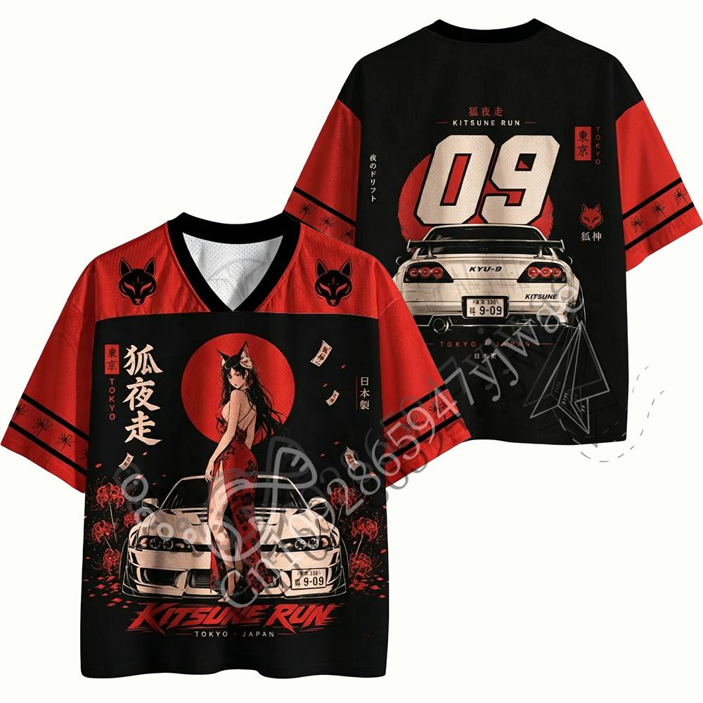 Kitsune Runner Motorcycle Style Jersey Japanese Culture Shirt Fashion Y2K Top Retro Punk T-shirt Summer Men Women Beach T-shirt