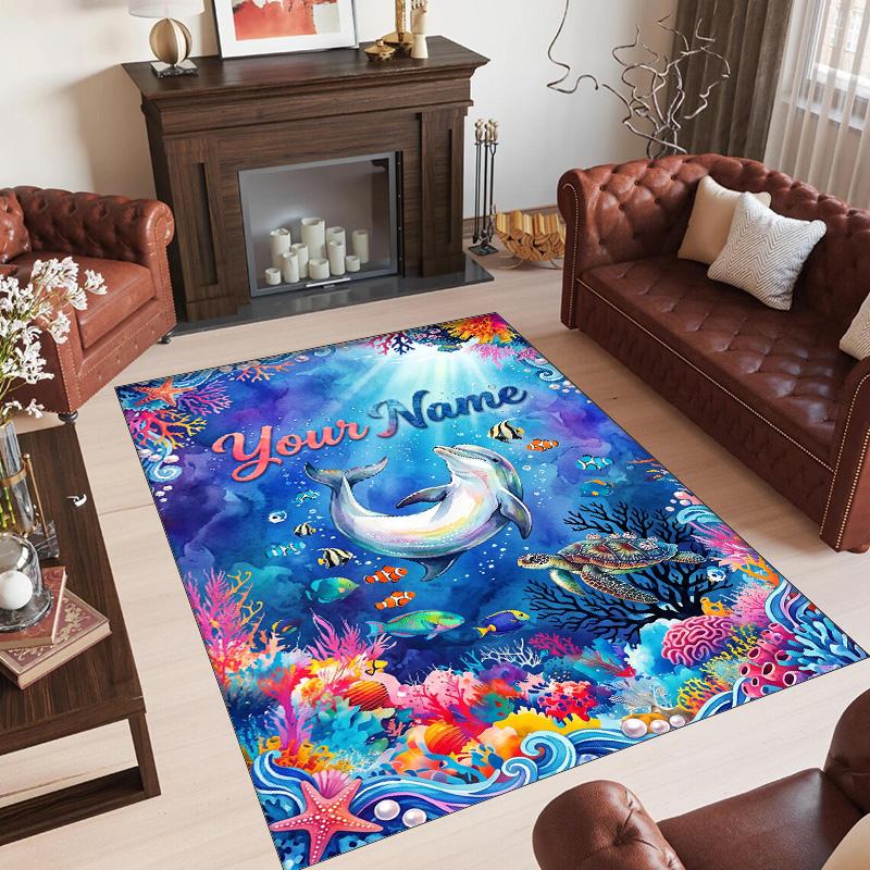 Mermaid Underwater Theme Crystal Velvet Rug Personalized Custom Name Text Soft Floor Mat Home Decor