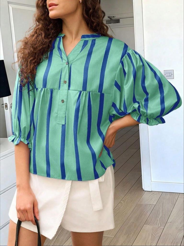 Womens Summer Striped Puff Sleeve Babydoll Blouse V Neck Loose Fit Top