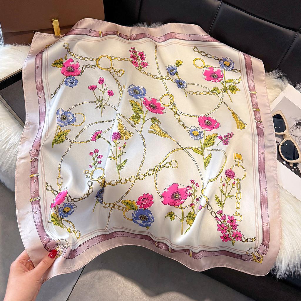 70Cm Silk Scarf Women'S French Elegant Small Floral Print Scarf Small Square Scarf With Headscarf