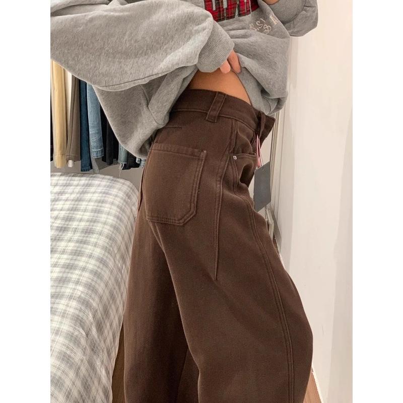 Women's Plus Size Brown Wide-Leg Jeans with Velvet Lining for Autumn/Winter - Loose, Straight-Leg, Slimming Fit for Pear Shape