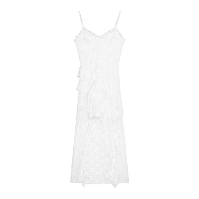 French Lace V-neck Suspender Dress Women's Summer Vacation Irregular Skirt White Beautiful Waist Mid-length Dress