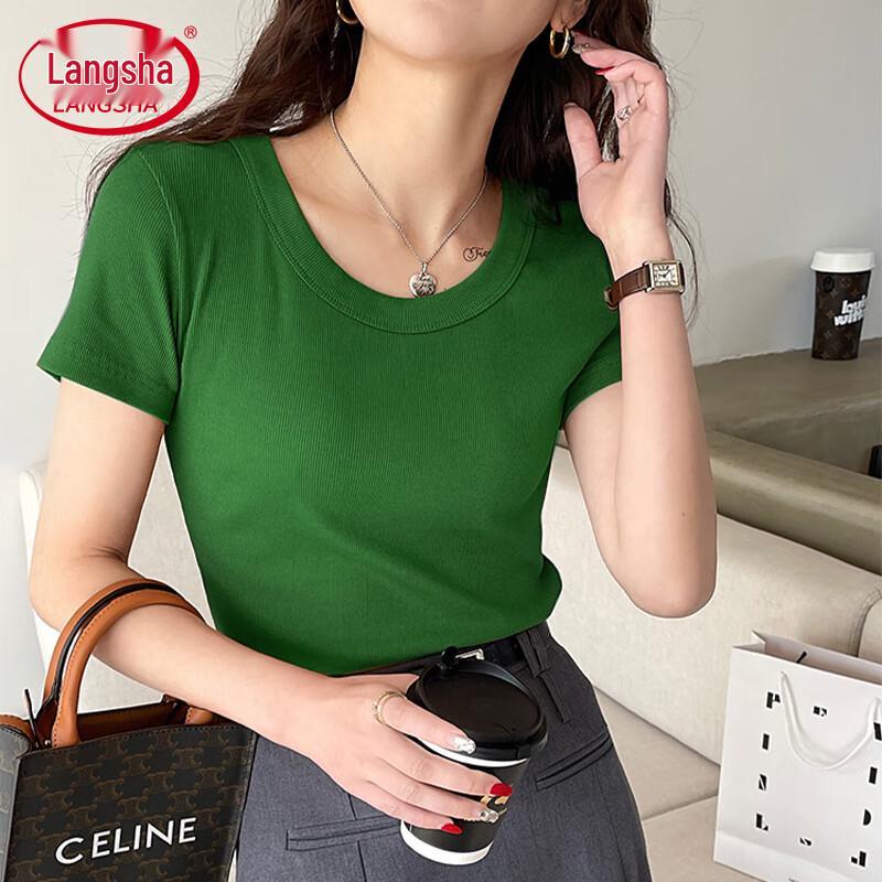 LANSWE Women's Ribbed Round Neck Short Sleeve T-Shirt