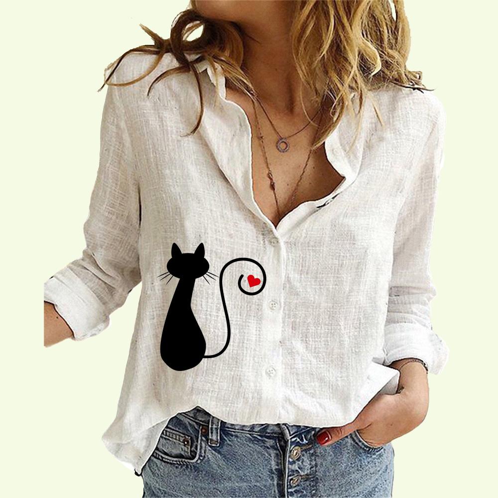 Women Lapel Neck Fashion Shirt Spring&Autumn Cotton Linen Top Ladies Casual Summer Print Blouse