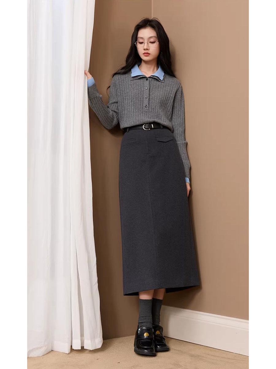 Fulan 2025 Winter Knit Slit Midi Skirt D404QZ101Q00D Large глубокий/серый