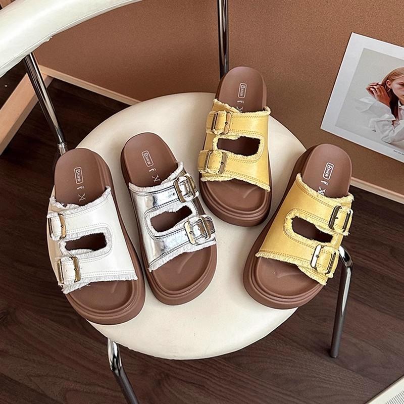 Cowhide Version Thick-bottomed Shit-stepping Slippers for Women's Summer Wear 2025 New Thick-bottomed Beach Vacation Wind One-word Cool Slippers