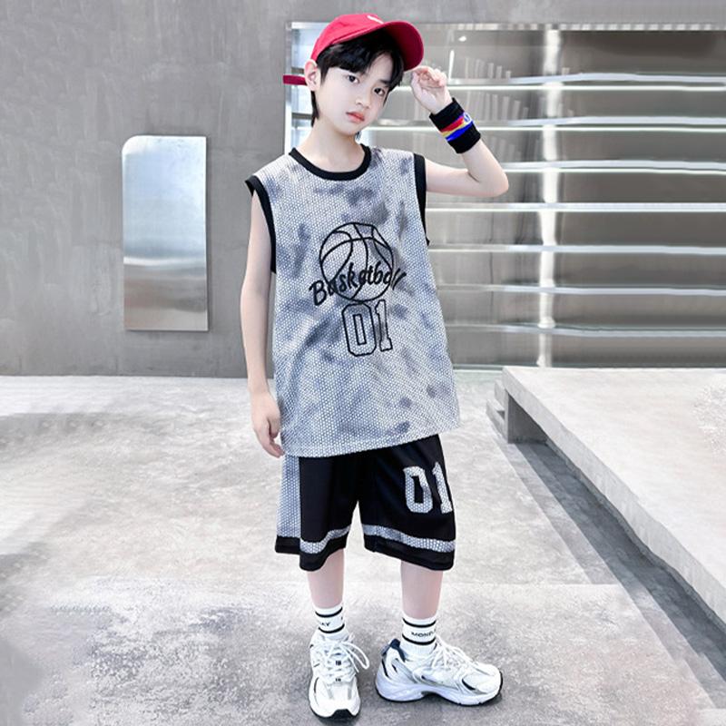 Boys Summer Quick Dry Basketball Vest Suit 5-14 Years Fashion Sleeveless T-shirt + Shorts 2-piece Kids Thin Sports Set