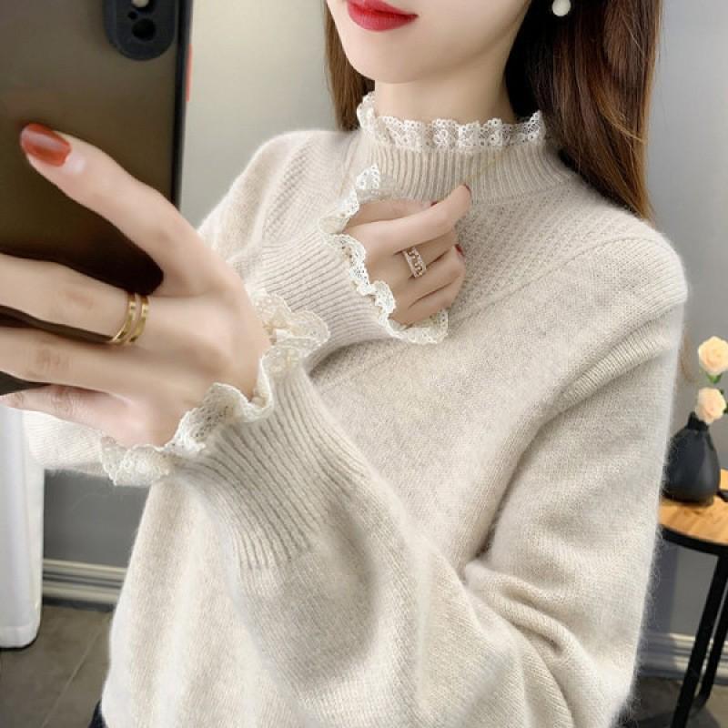 Women's Winter Patchwork Lace Knit Pullover - Half-High Neck, Solid Color Warm Sweater