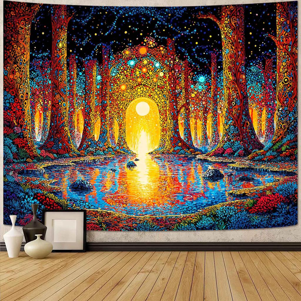 Bohemian Sun Landscape Tapestry, Colorful Sunrise With Mountains And Flowers Wall Art For Aesthetic And Whimsical Room Decor